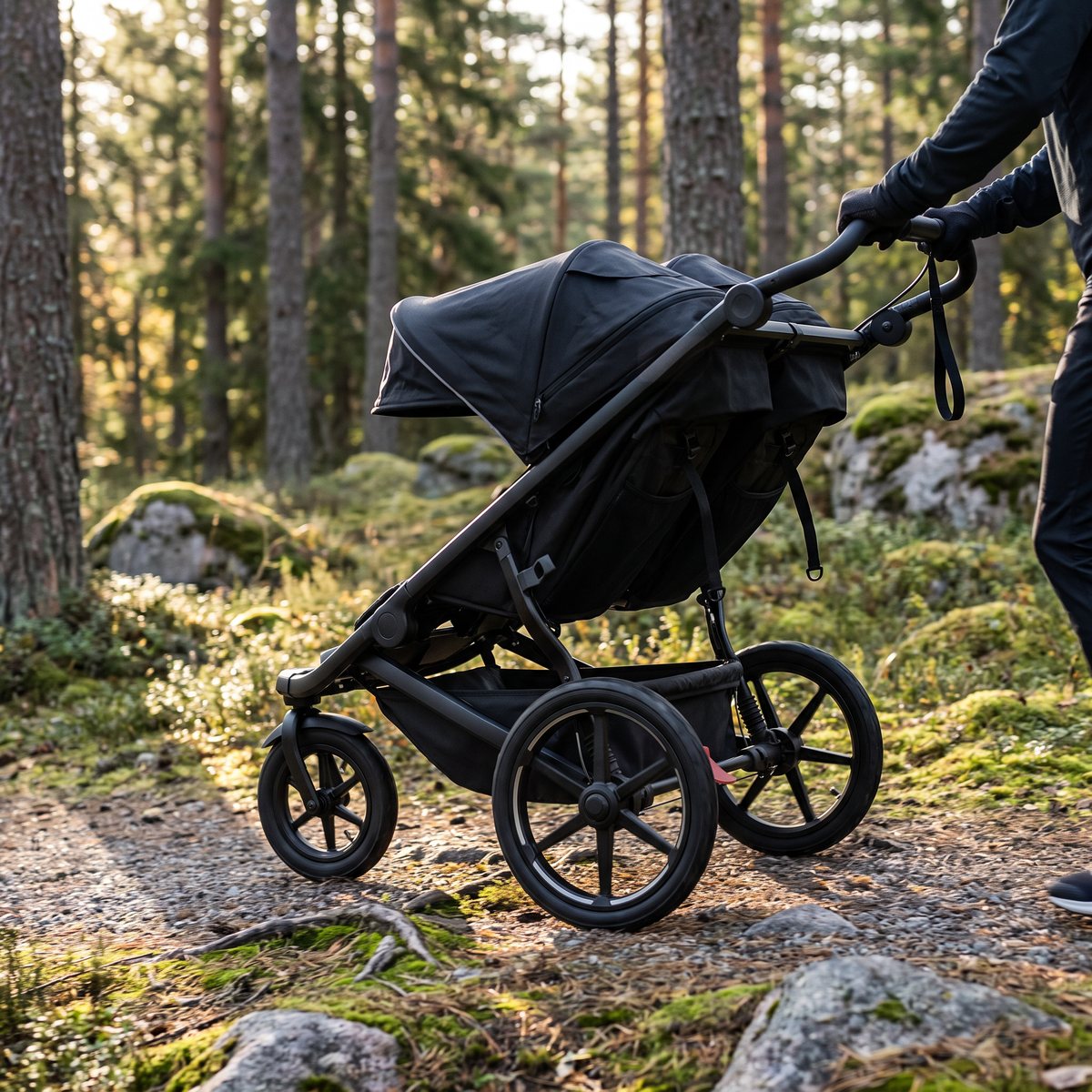 Svart Thule Urban Glide 3 Double med stora lufthjul skjuts på en rotig stig i svensk tallskog