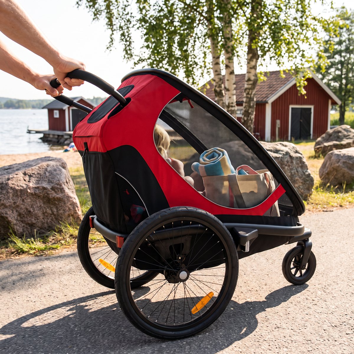 Röd Hamax Outback som skjuts som barnvagn längs en solig väg vid en svensk badsjö med röda sjöbodar och björkar.