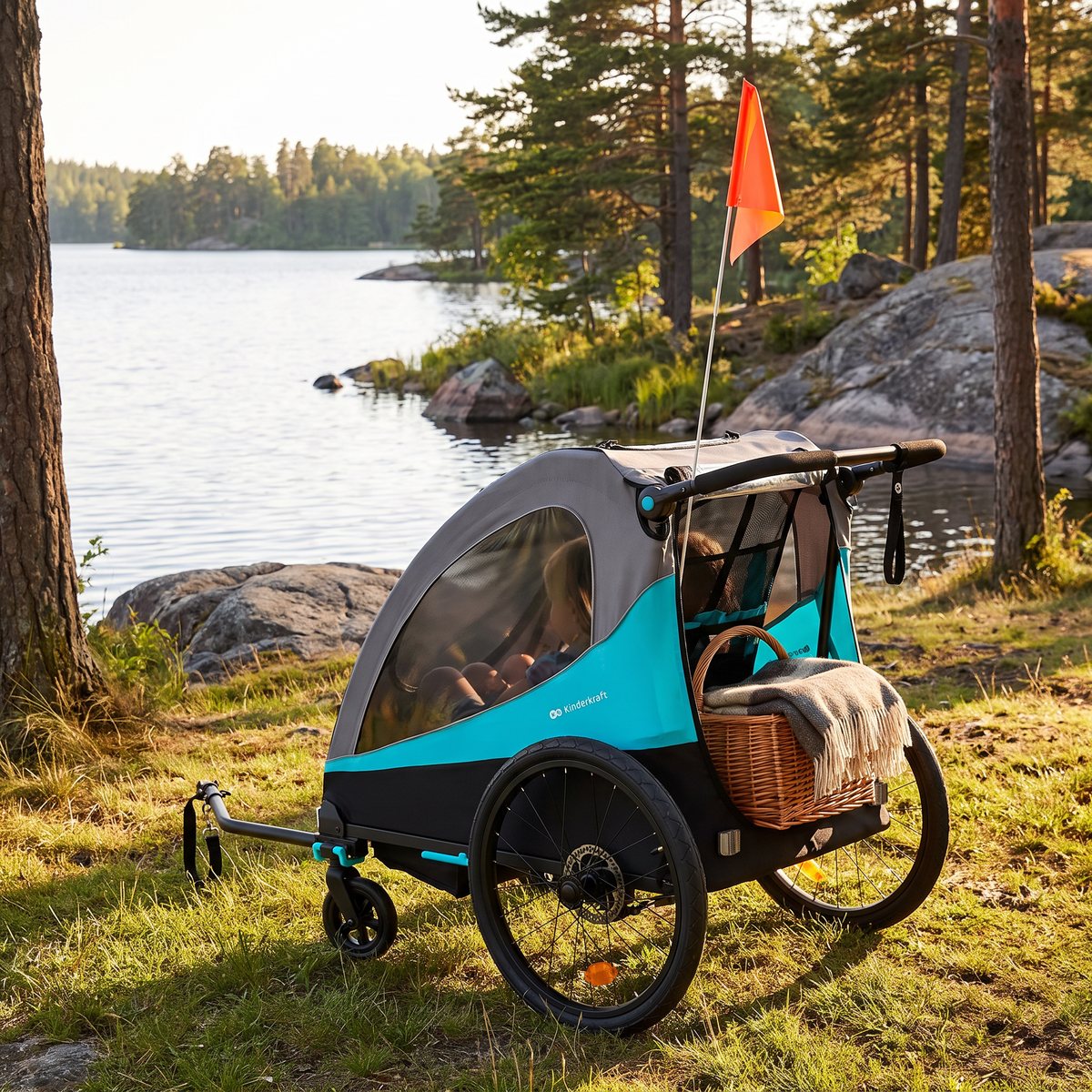 Turkos och grå Kinderkraft Nava med myggnät, cykelflagga och picknickkorg på en gräsbevuxen strand vid en svensk sjö i kvällssol.