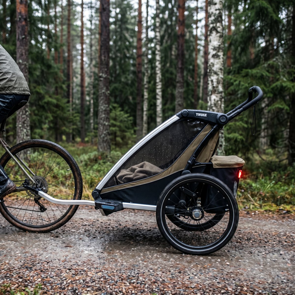Khakifärgad Thule Chariot Cross 1 G3 kopplad till en cykel på en blöt grusväg i svensk tall- och björkskog, med tänt bakljus.