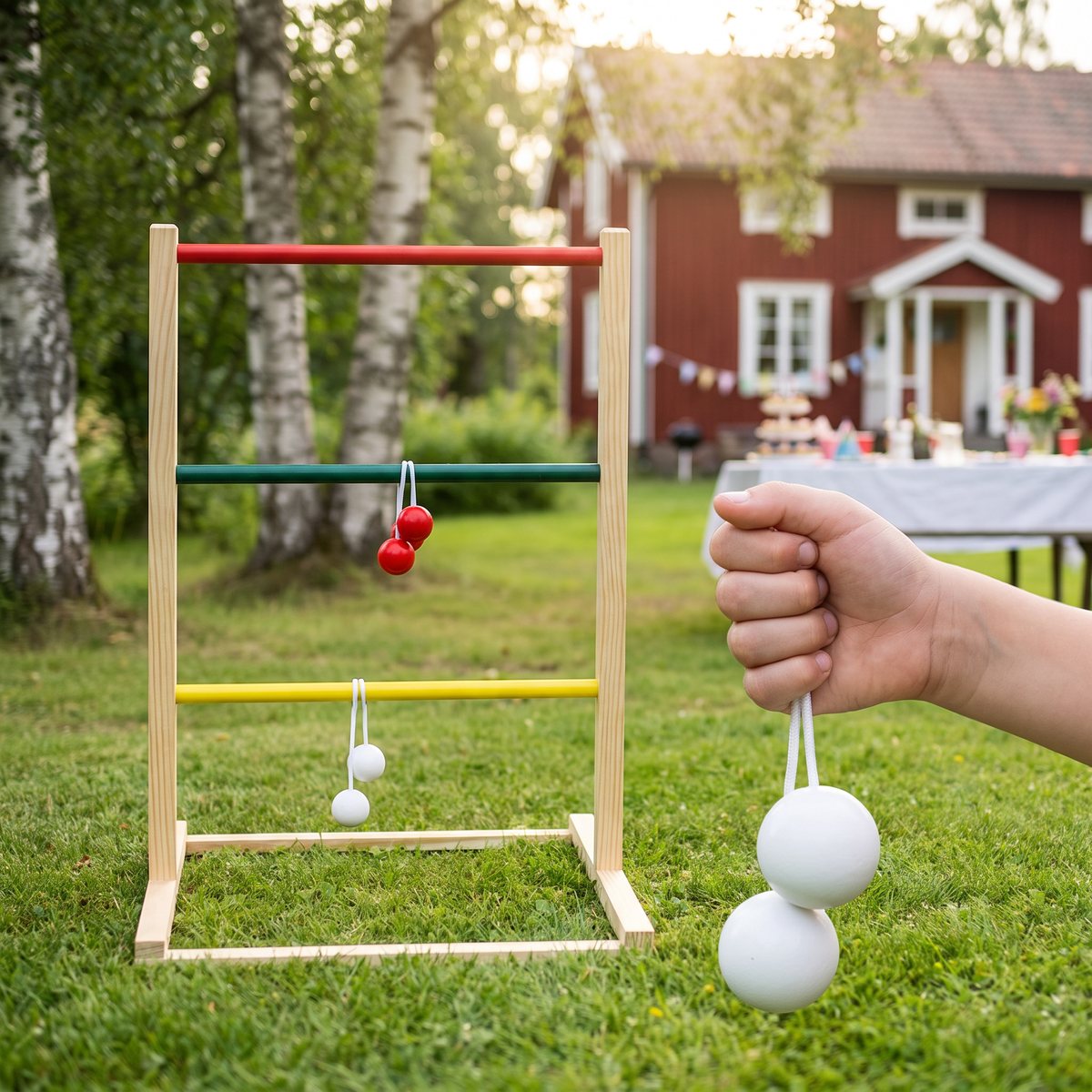 Steggolf i trä på en gräsmatta vid ett barnkalas framför en röd stuga, en barnhand håller två vita kulor på ett snöre