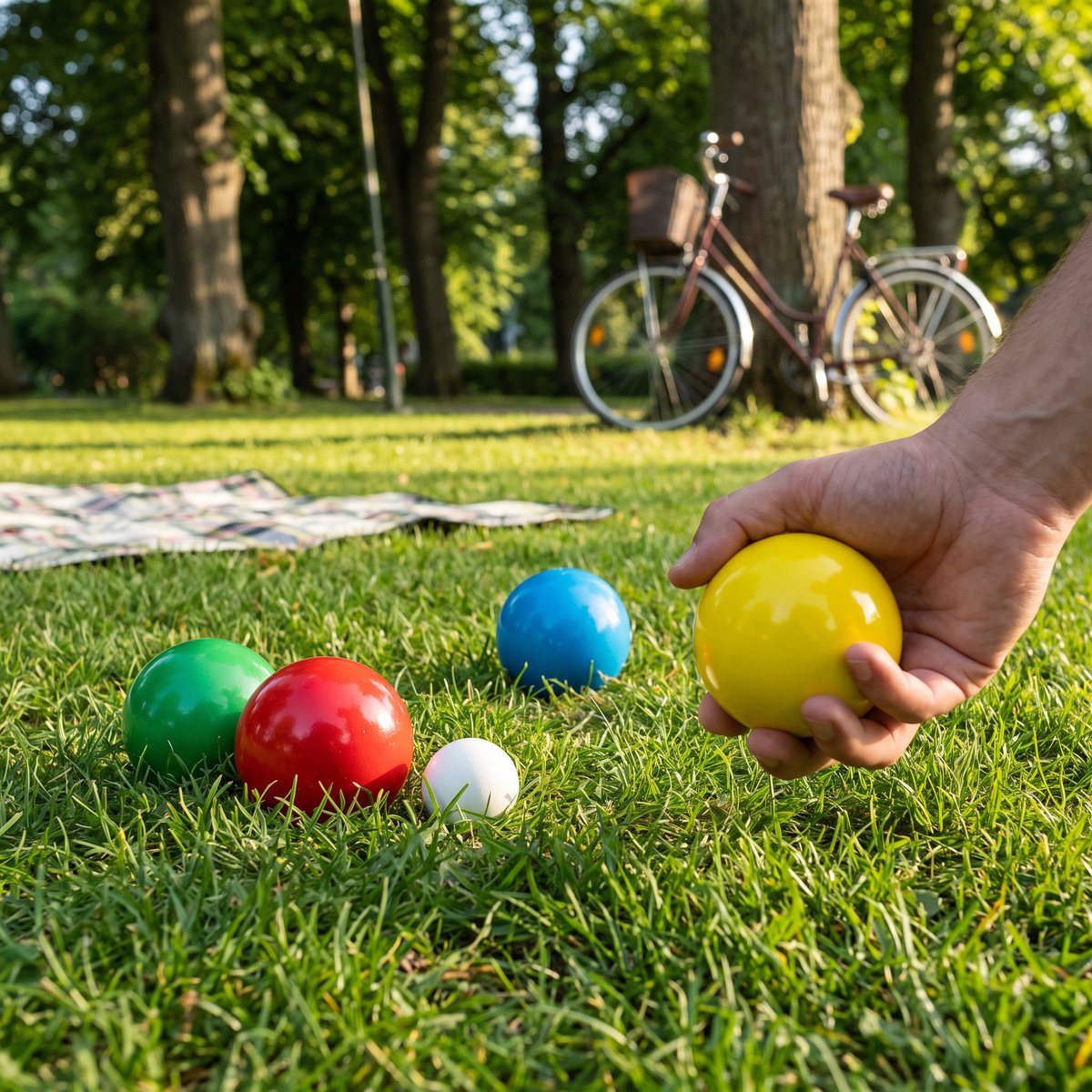 Boccia i en park, en hand håller ett gult klot medan röda, gröna och blå klot ligger nära det vita målklotet i gräset