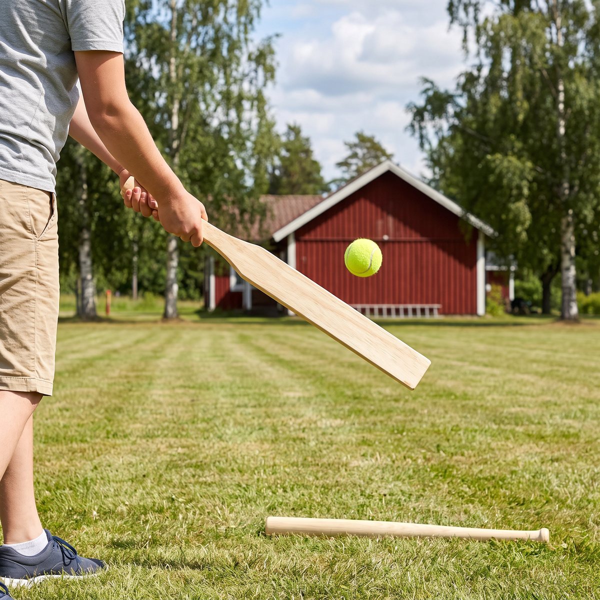 Brännboll på en gräsplan vid en röd träbyggnad och björkar, en spelare slår med det platta slagträet och det runda ligger i gräset