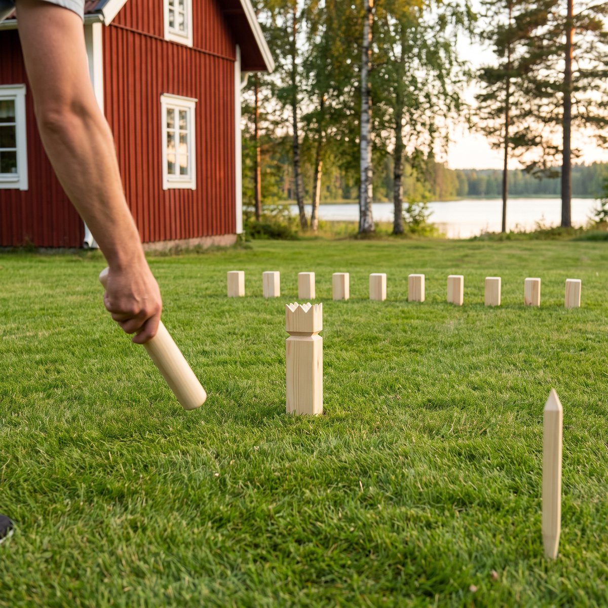 Kubbspel i furu på en gräsmatta vid en röd stuga med sjö och björkar, en hand håller en kastpinne och kungen står mitt på planen