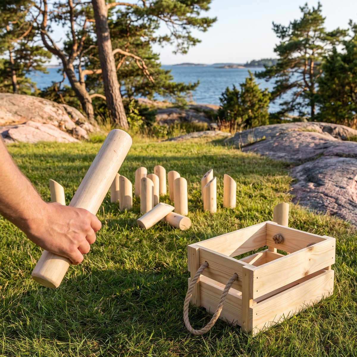 Mölkky i trä på en gräsmatta bland granithällar och tallar i skärgården, en hand håller kastpinnen och trälådan med rephandtag står bredvid