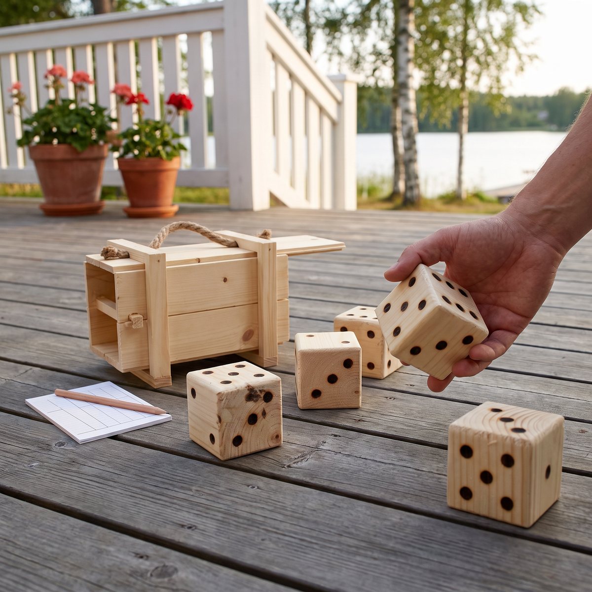 Stora trätärningar på en trallaltan vid en sjö, en hand plockar upp en tärning bredvid trälådan och poängblocket