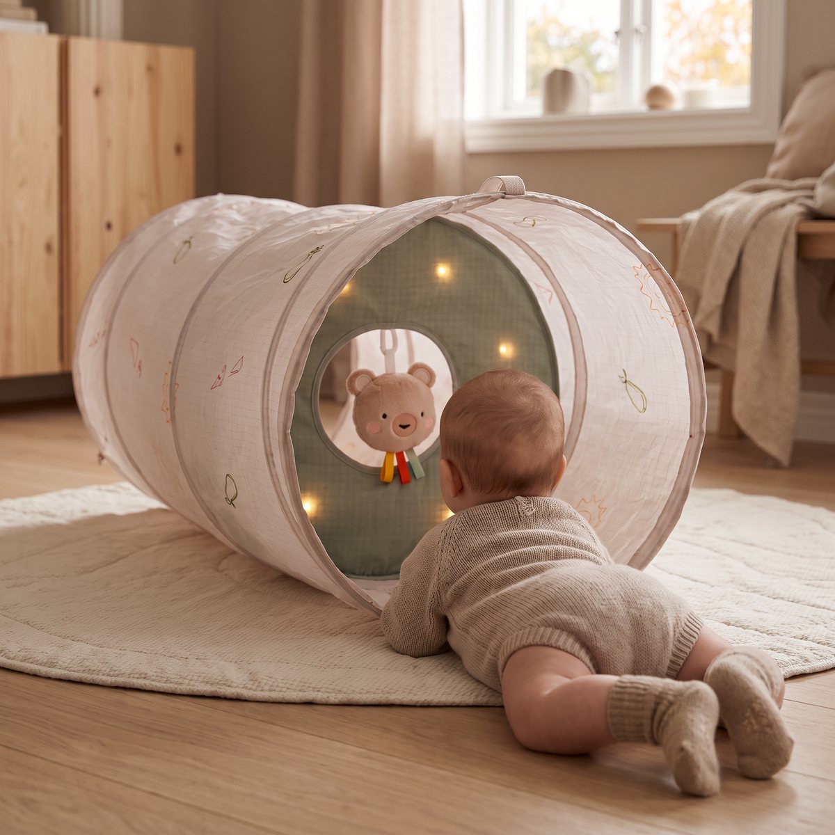 Ljus babytunnel med grönt foder, små lysande lampor och en mjuk nalle inuti, med en bebis på mage framför öppningen i ett svenskt vardagsrum en höstkväll