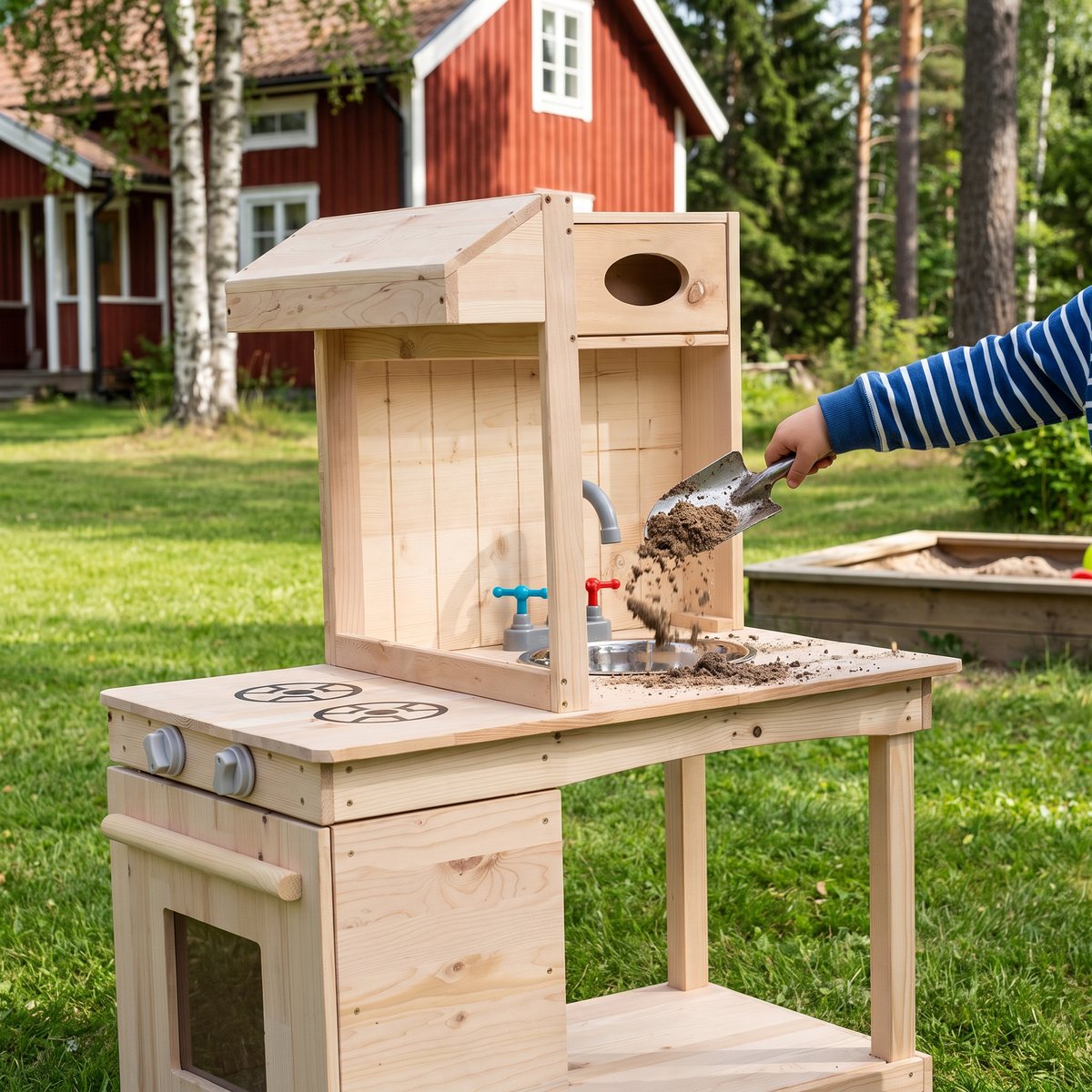 Woodlii Leksakskök Natur i obehandlad gran på en gräsmatta i en svensk trädgård med rött trähus, sandlåda och björkar