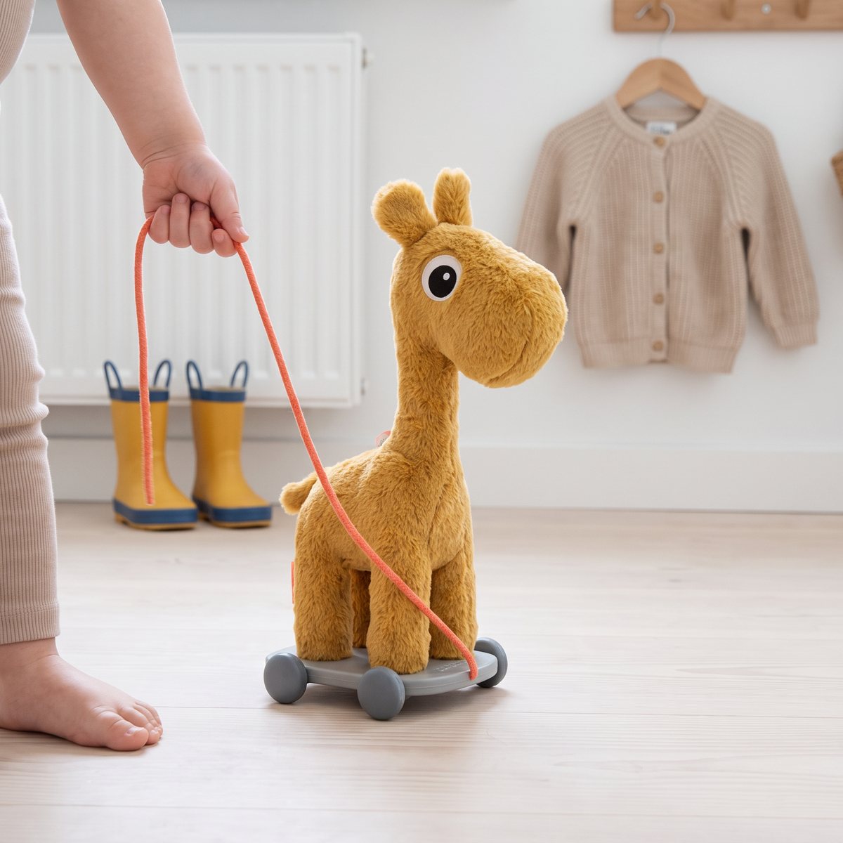 Done by Deer Raffi, en mjuk senapsgul giraff på en grå vagn med hjul, som ett barn drar i det korallfärgade snöret i en ljus svensk hall