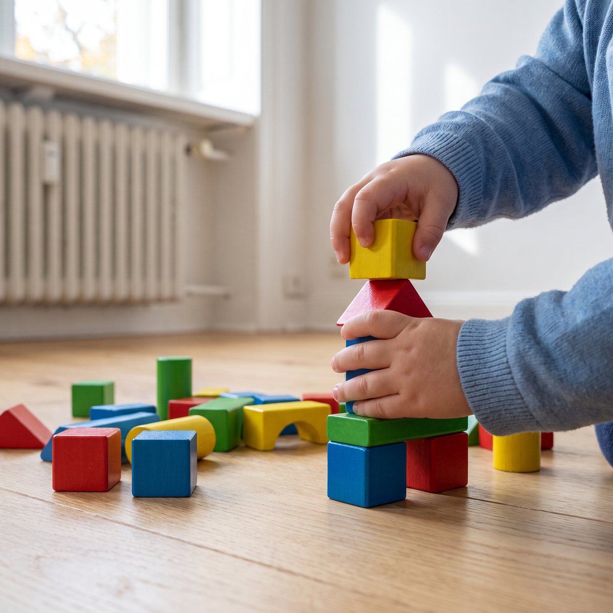Ett litet barns händer staplar Heros färgade träklossar till ett torn på ett ljust trägolv i ett svenskt vardagsrum