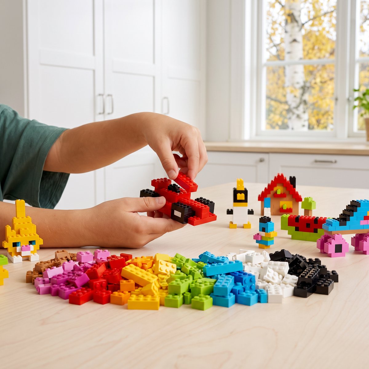 Ett barn bygger en röd racerbil av LEGO Classic-klossar vid ett ljust köksbord med högar av färgglada klossar