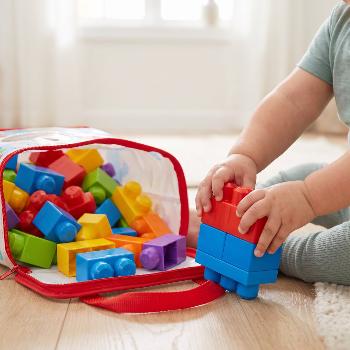 Ett litet barn trycker ihop två stora Mega Bloks-klossar bredvid den öppna byggväskan på ett ljust trägolv