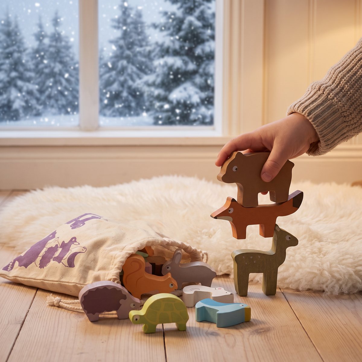 En barnhand staplar Le Toy Vans skogsdjur i trä på en fårskinnsfäll, med förvaringspåsen bredvid och snöig granskog utanför fönstret