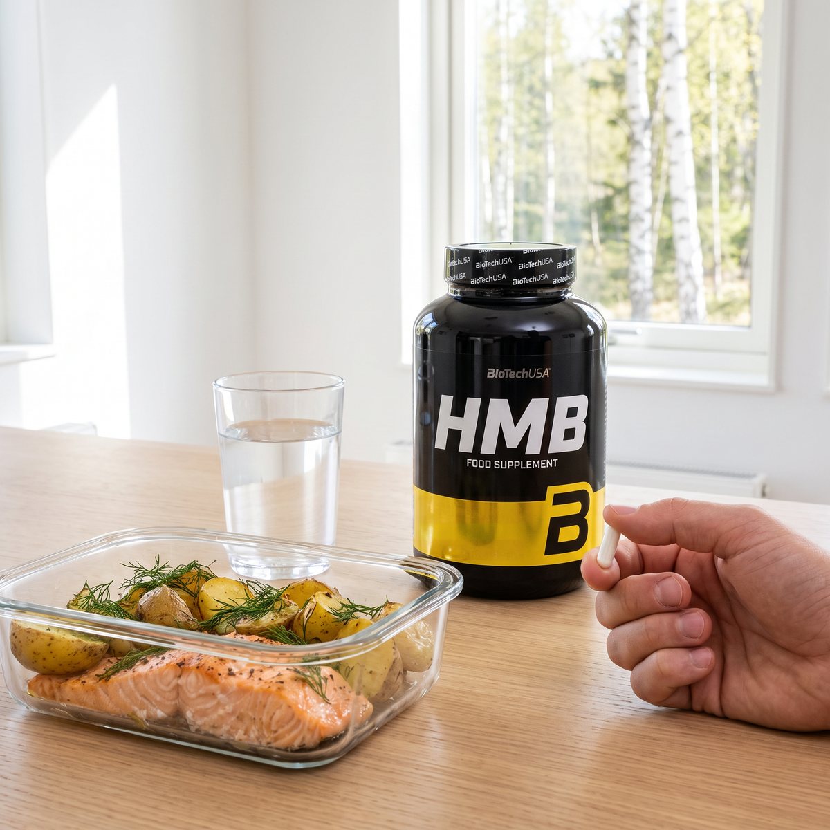 Burk med BioTech USA HMB på ett ljust bord bredvid en matlåda med lax, potatis och dill och ett glas vatten, en hand håller en kapsel