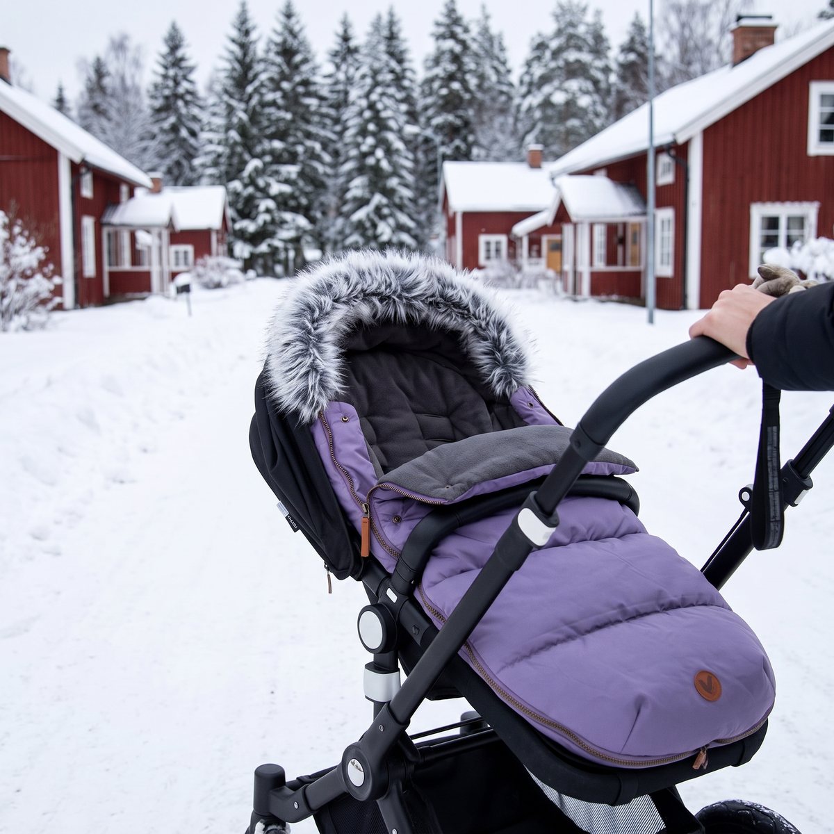 Lila Angel of Sweden Åre-åkpåse med fuskpälskant i en sittvagn på en snöig byväg med röda trähus