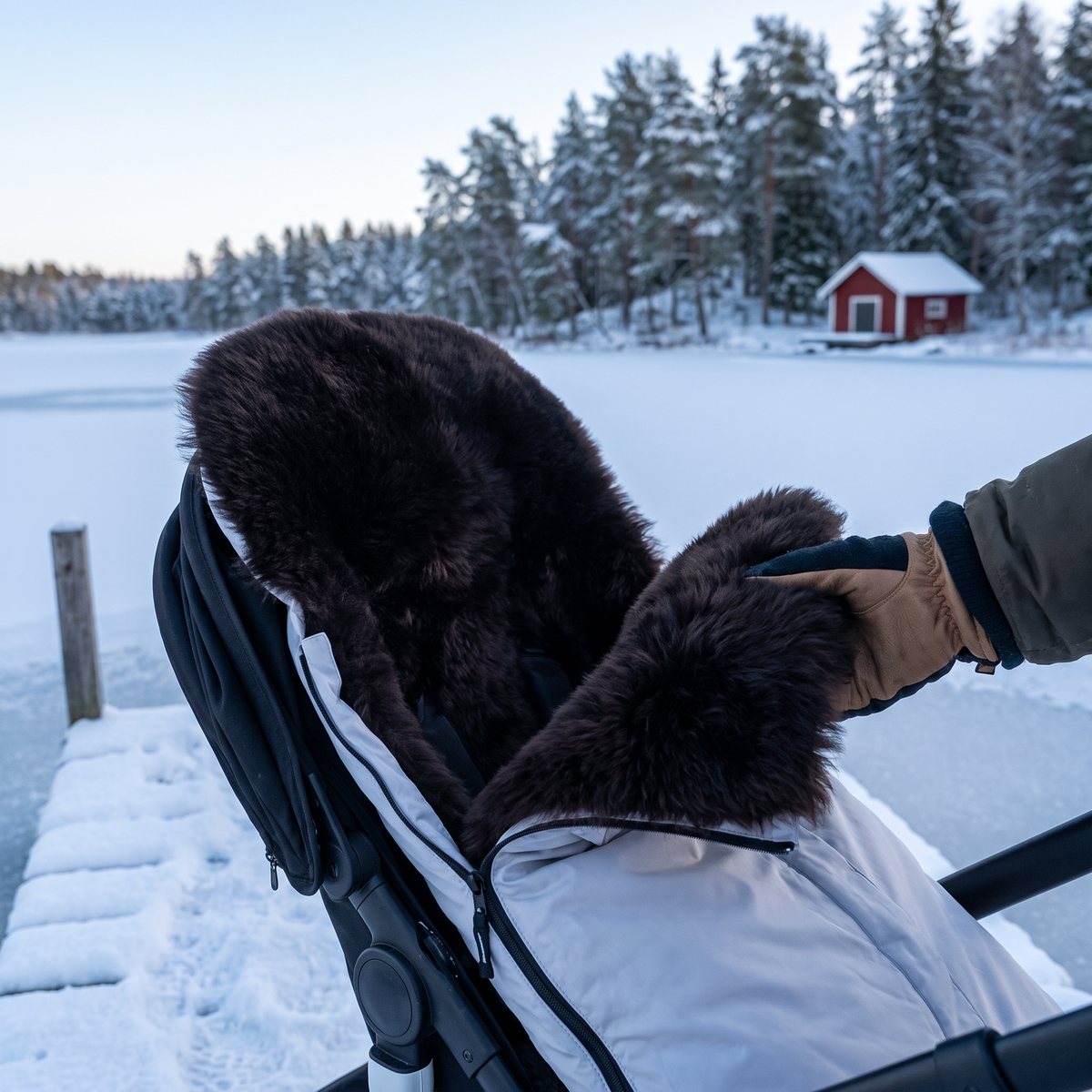 Ljusgrå Bozz-åkpåse uppvikt så att det långhåriga lammskinnet syns, i en sittvagn på en snöig brygga vid en frusen sjö