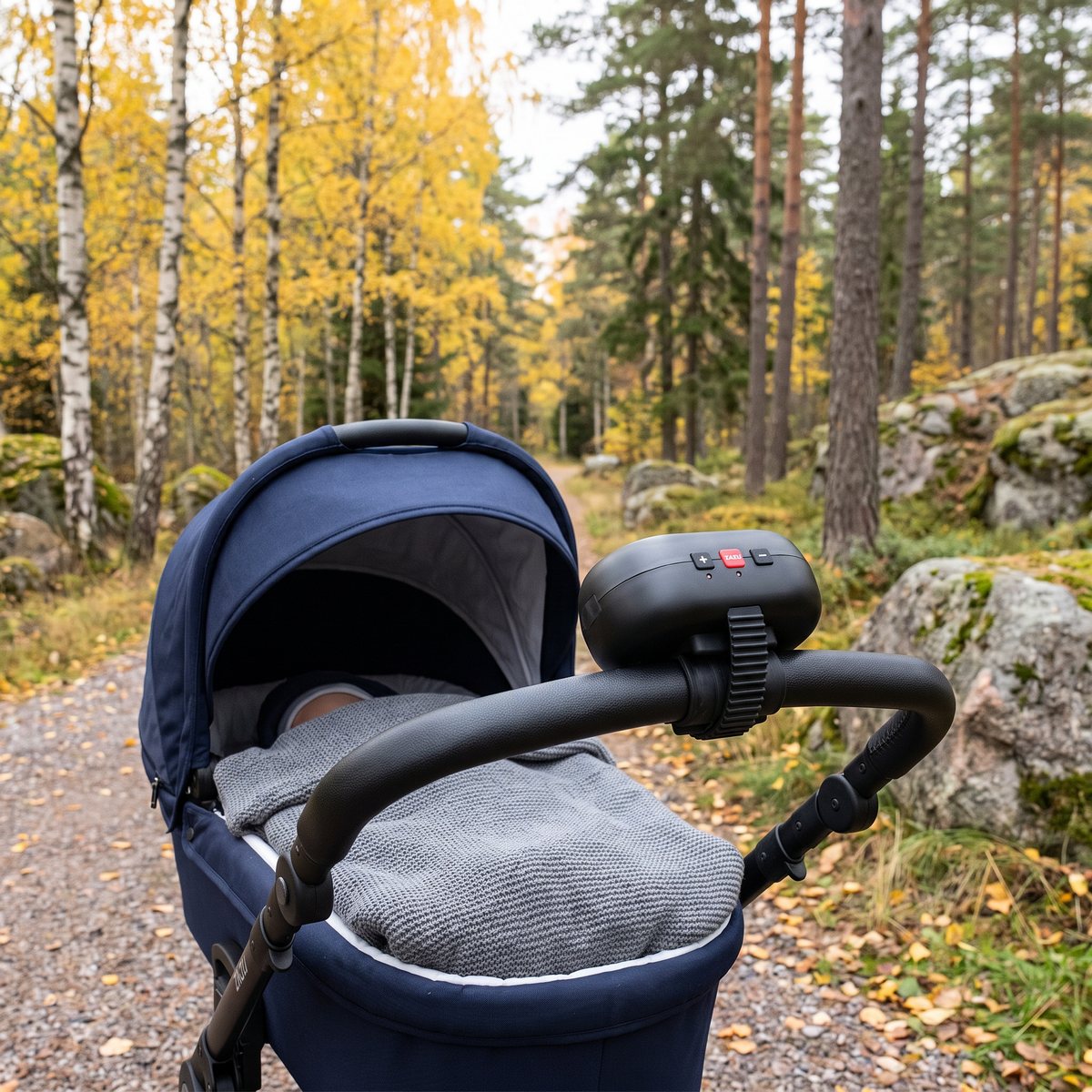 Svart Zazu Robby fastspänd med gummiremmen på handtaget till en marinblå barnvagn på en grusstig i höstskog med björk och tall