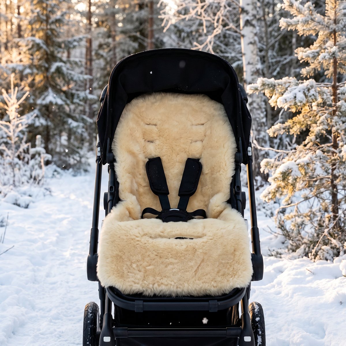 Naturfärgat lammskinn med fempunktssele i en svart barnvagn på en snöig skogsväg bland tallar och björkar.