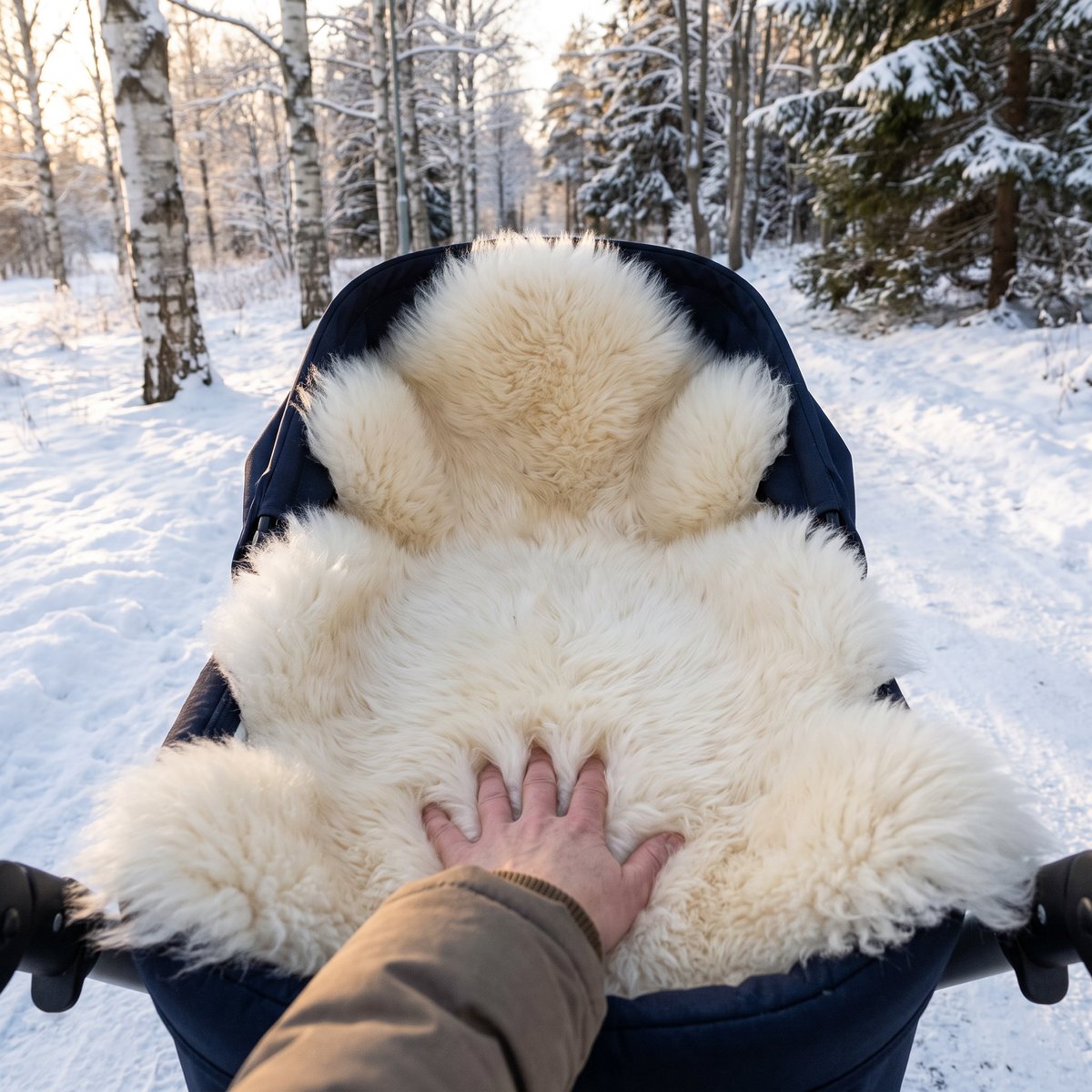 Vitt långhårigt lammskinn i liggdelen på en mörkblå barnvagn, i en snöig björk- och granskog en vinterdag