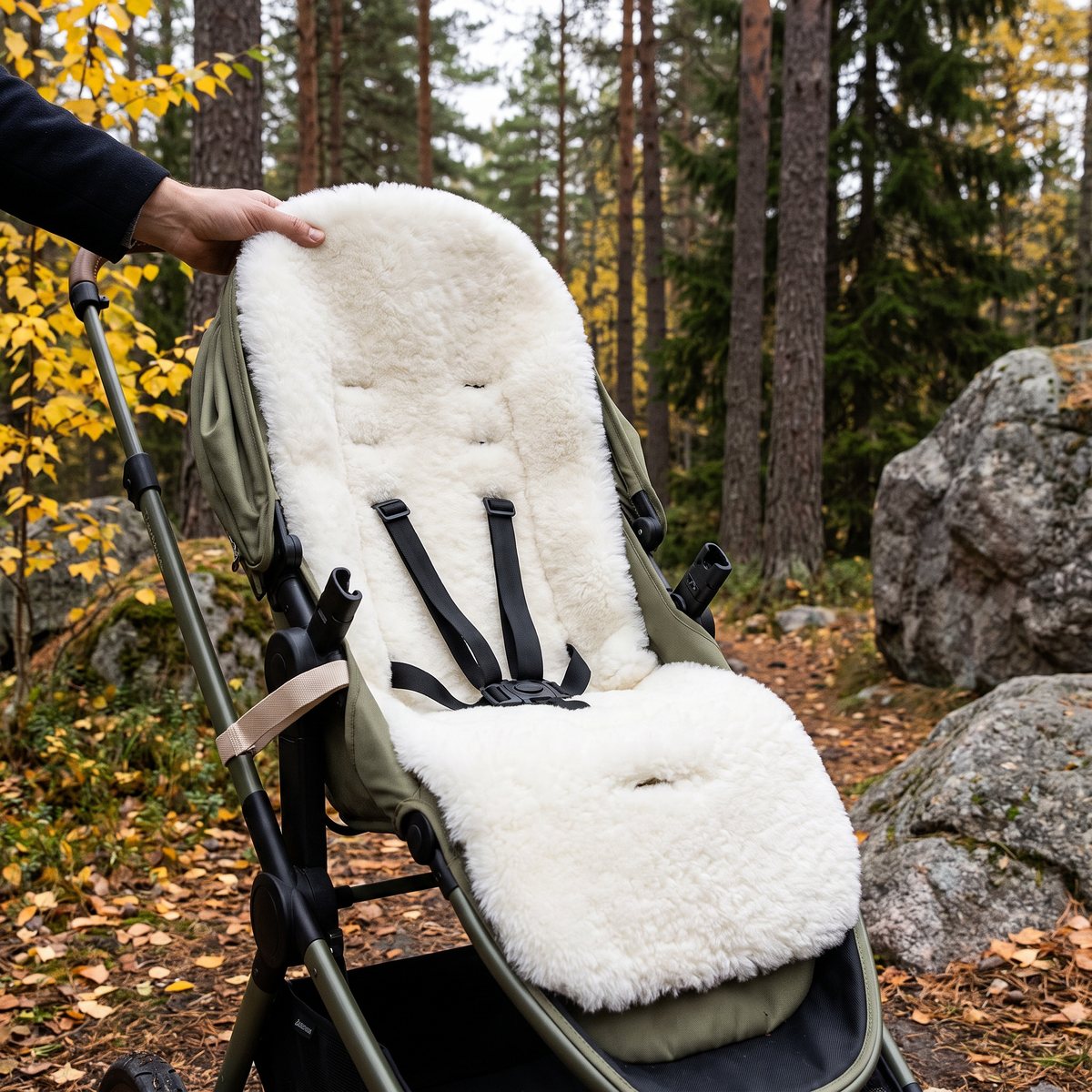 Vit sittdyna i lammskinn som räcker upp längs hela ryggstödet i en olivgrön sittvagn, på en skogsstig med tallar och höstlöv