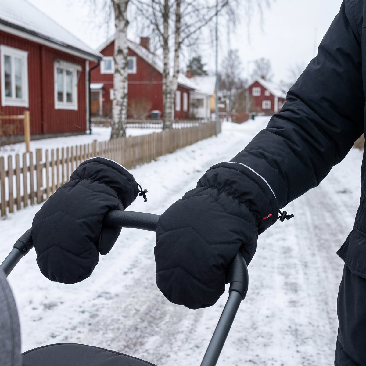 Svarta dunfyllda vagnvantar från Voksi på barnvagnens handtag, en snöig villagata med röda trähus i Sverige