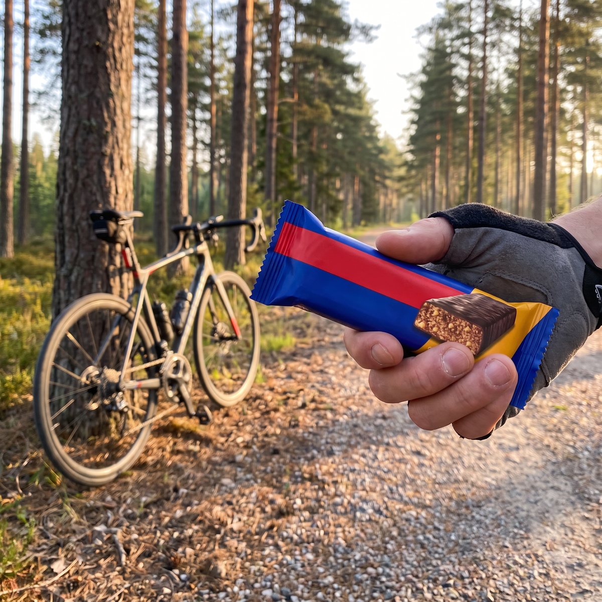Proteinbar med salt karamell hålls i handen av en cyklist på en grusväg i svensk tallskog