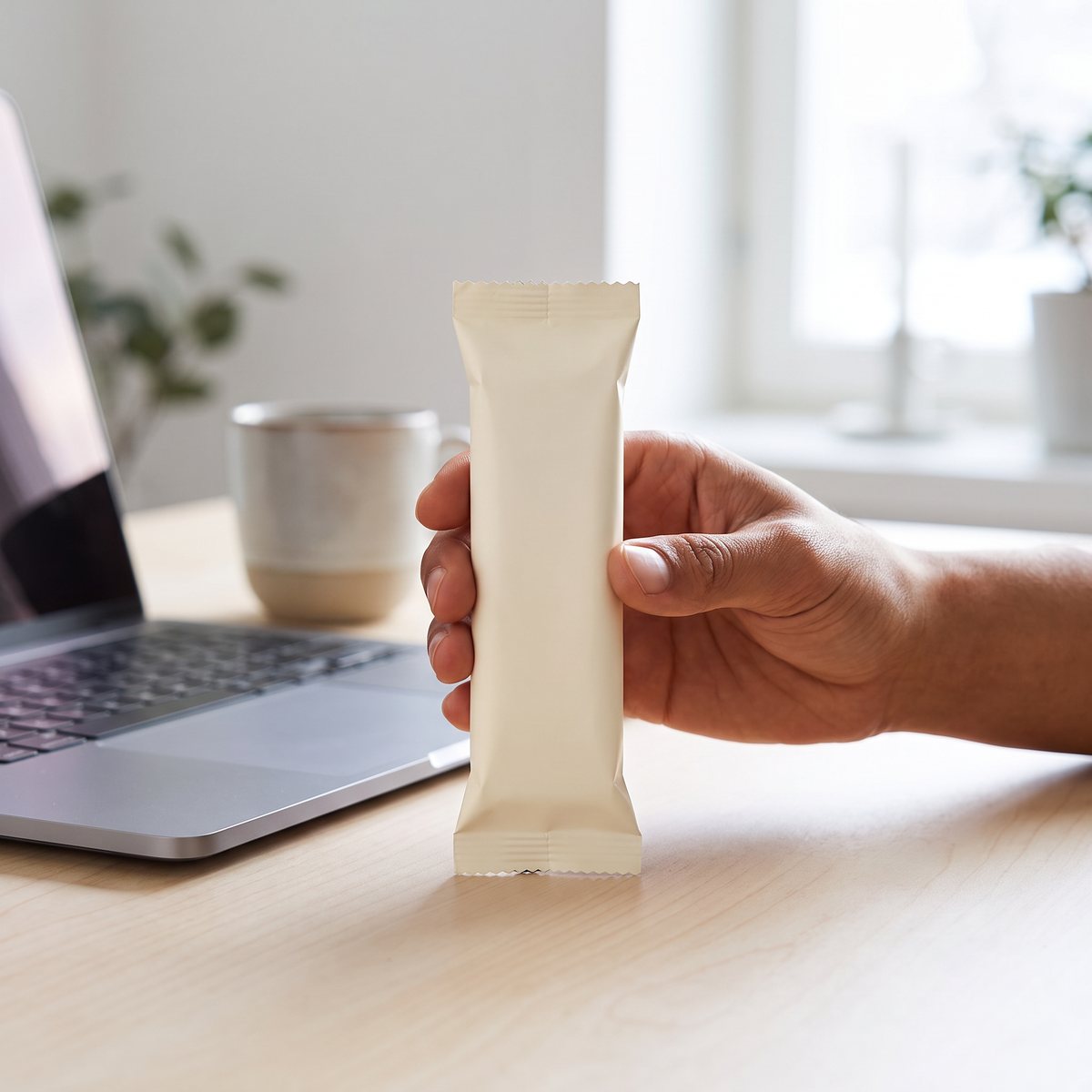 Smal proteinbar hålls i handen vid en bärbar dator på ett skrivbord i ett ljust svenskt hemmakontor