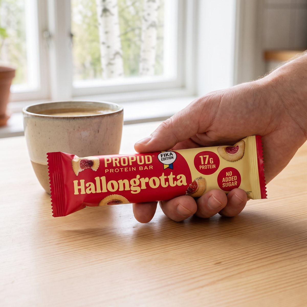 Proteinbar med hallongrottasmak vid en kaffekopp på ett vitt köksbord i ett svenskt hem