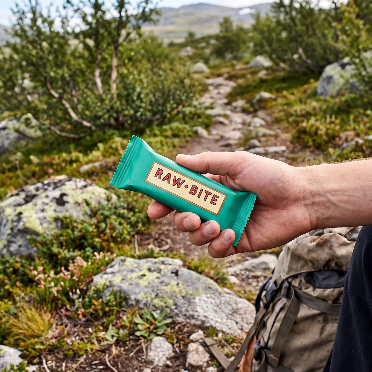 Ekologisk proteinbar med jordnöt och karamell hålls i handen på en vandringsled i svenska fjällen