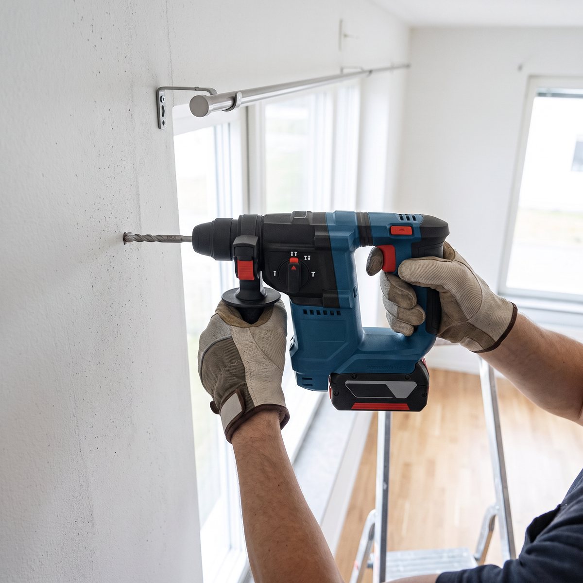 Bosch GBH 18V-18 borrar ett plugghål för en gardinstångshållare från en stege i en svensk lägenhet