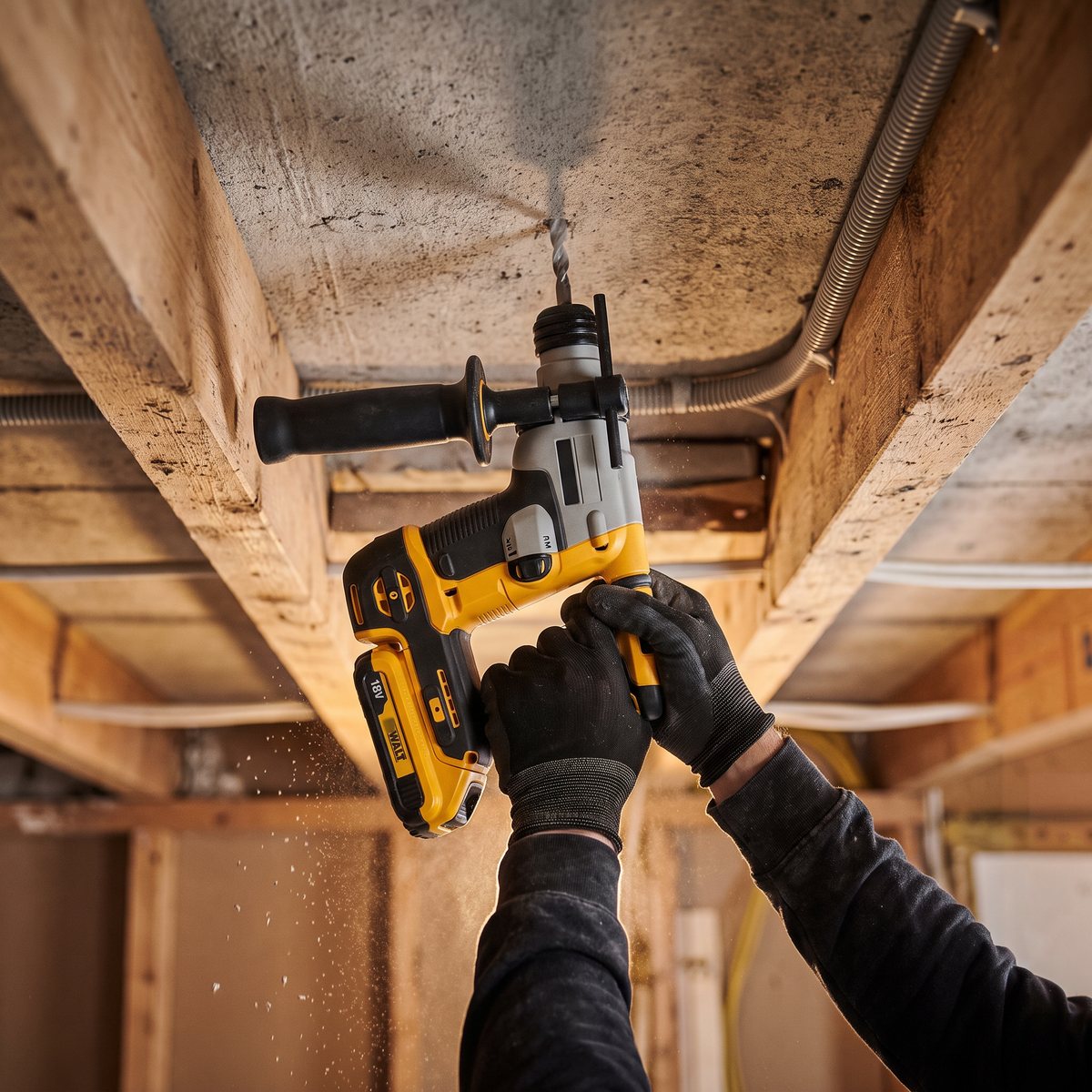DeWalt DCH172E2T borrar uppåt i ett betongtak mellan träbjälkar vid en husrenovering