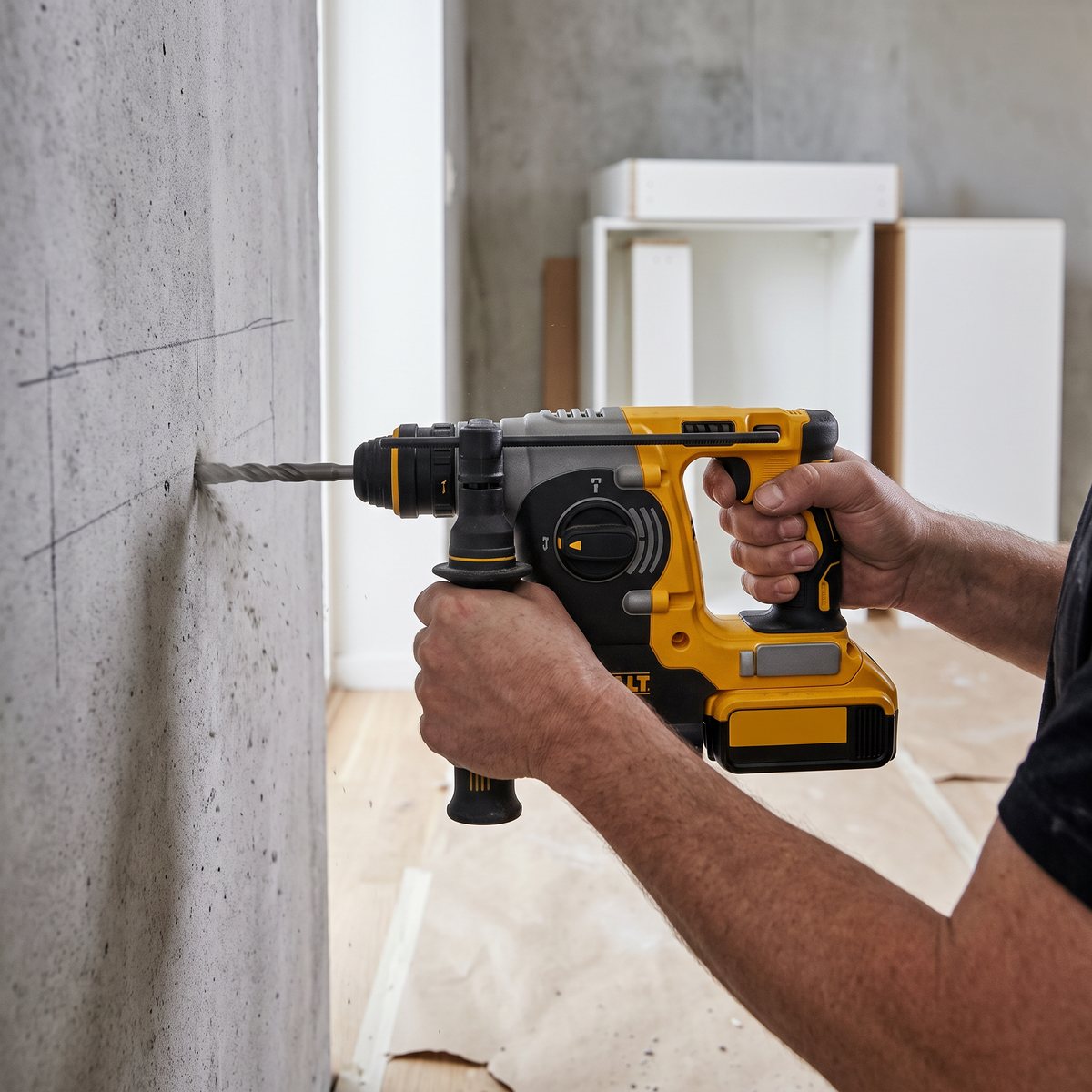 DeWalt DCH274P2T borrar i en betongvägg vid en köksrenovering i en svensk lägenhet