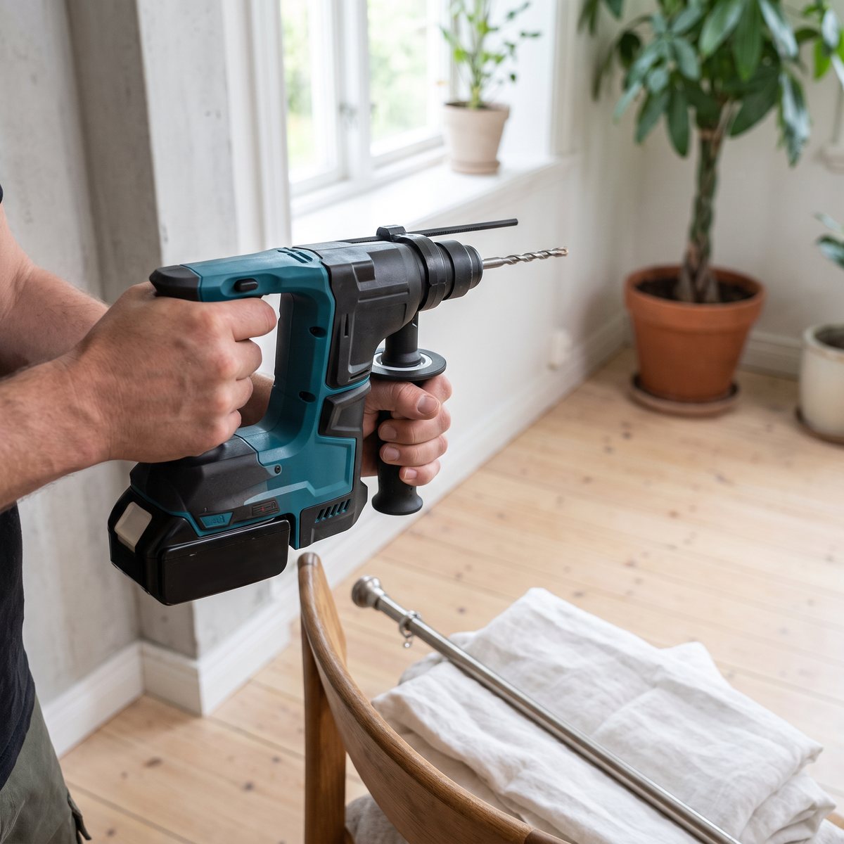 Makita DHR171RAJ med sidohandtag i ett ljust svenskt vardagsrum med gardinstång och linnegardiner på en stol