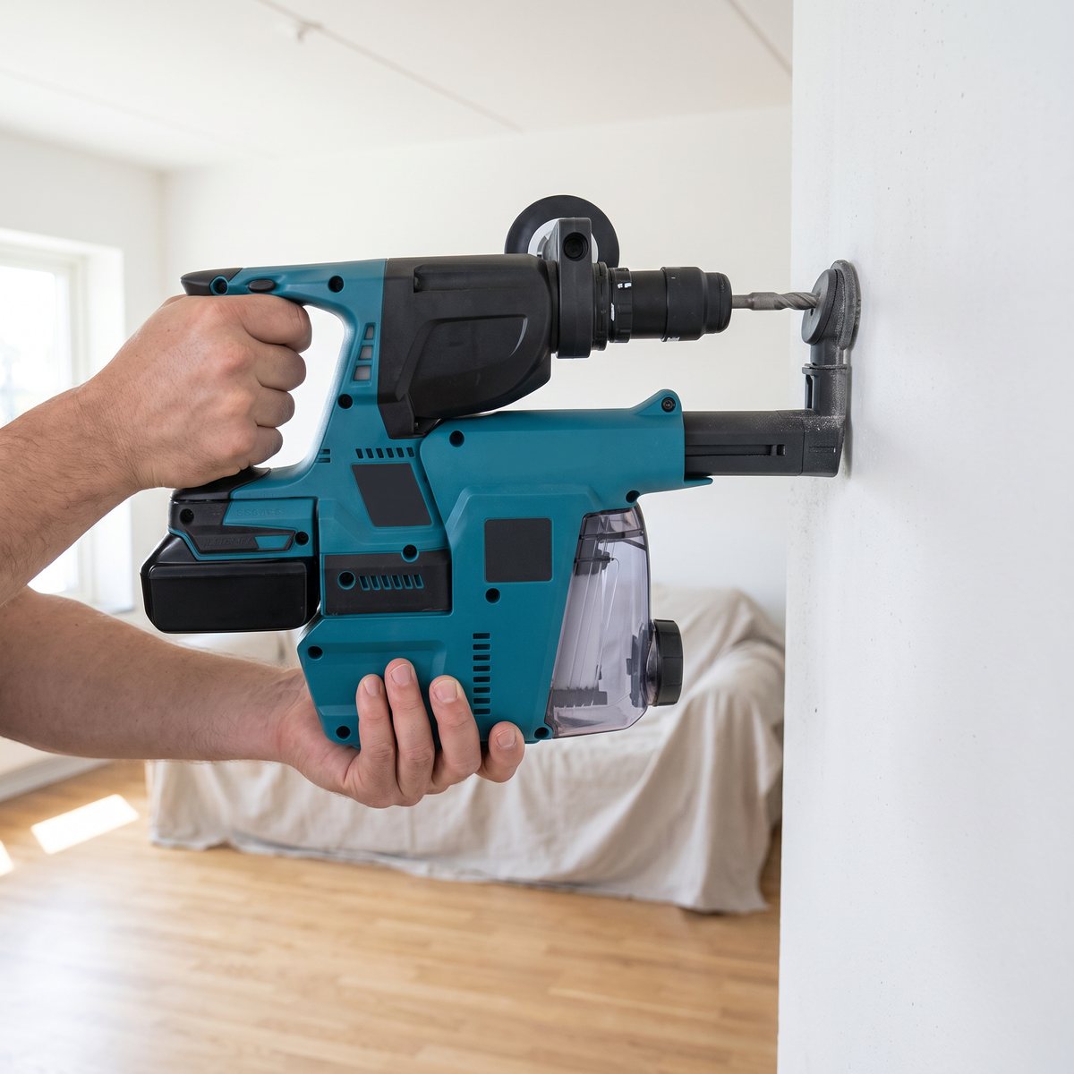 Makita DHR243RTJW med dammsugartillsats borrar i en vit vägg i ett ljust vardagsrum