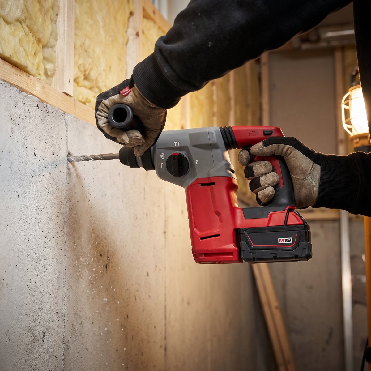 Milwaukee M18 BLH-502X med sidohandtag borrar i en betongvägg i en källare under renovering