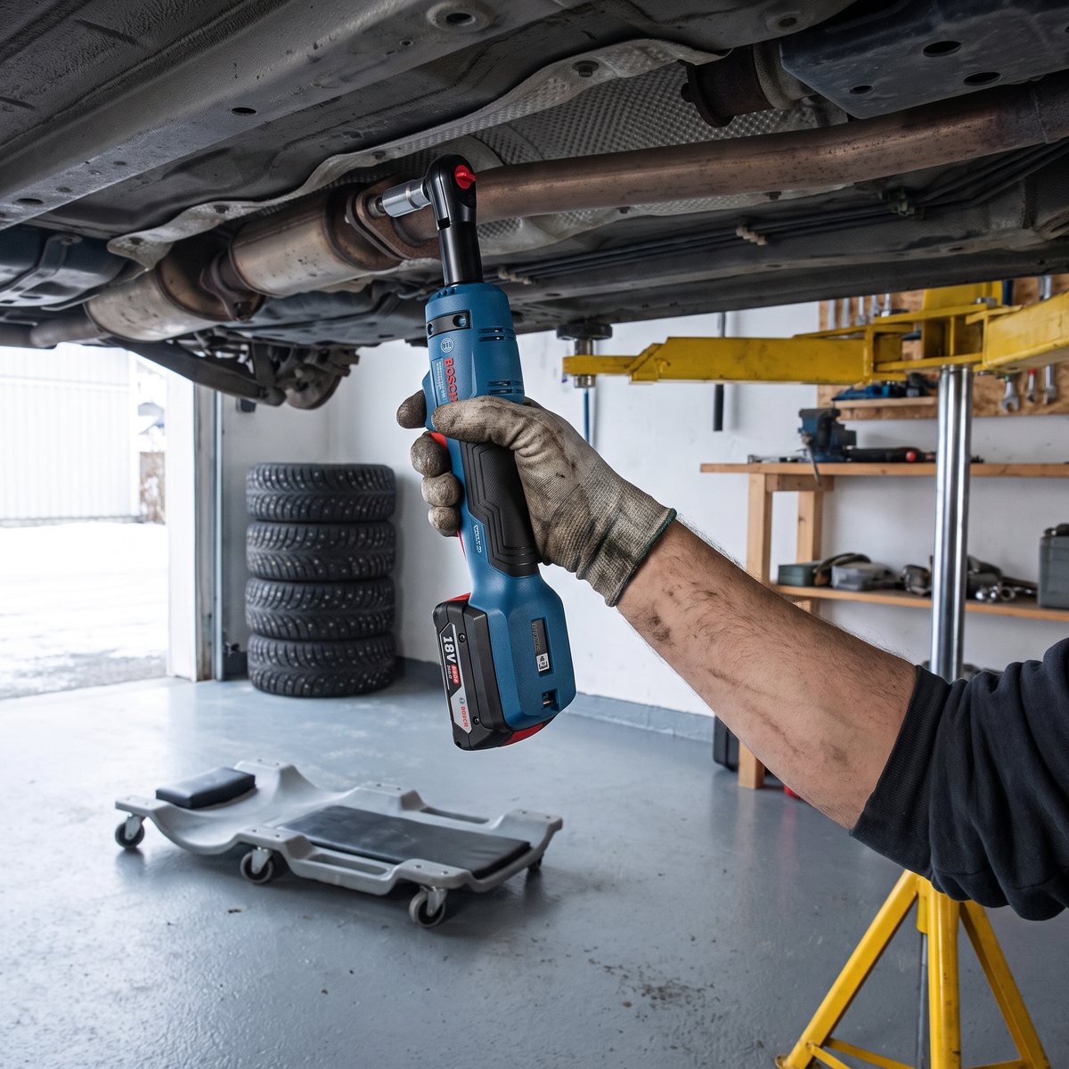 Bosch GRC 18V-60 med 18 V-batteri på en bult under en upplyft bil i ett svenskt garage