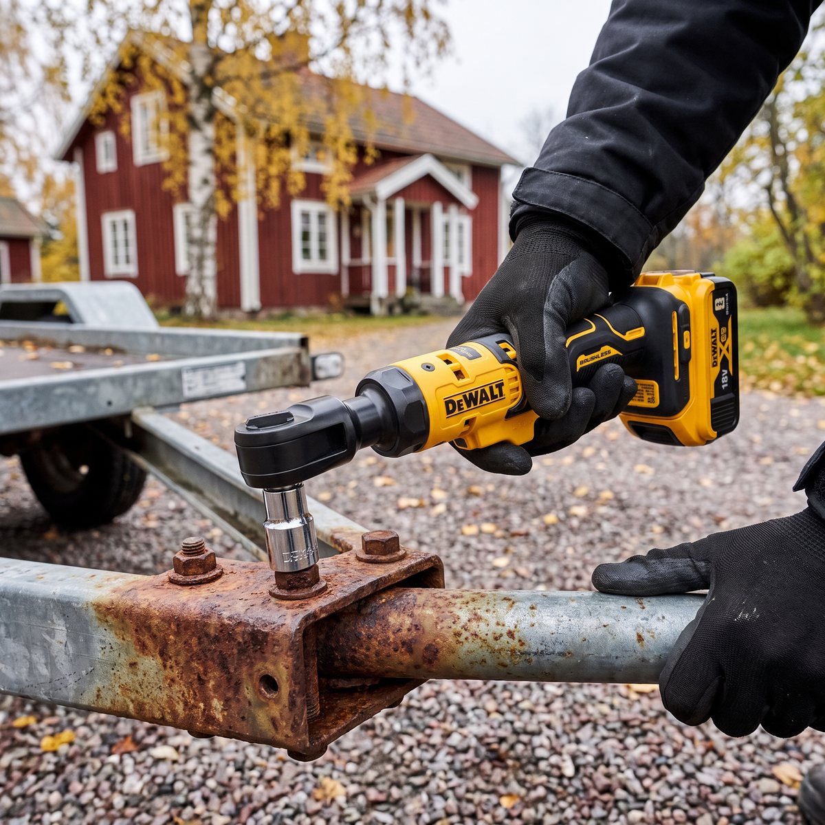 Dewalt DCF513N lossar en rostig bult på ramen till en släpvagn utanför ett rött trähus på hösten