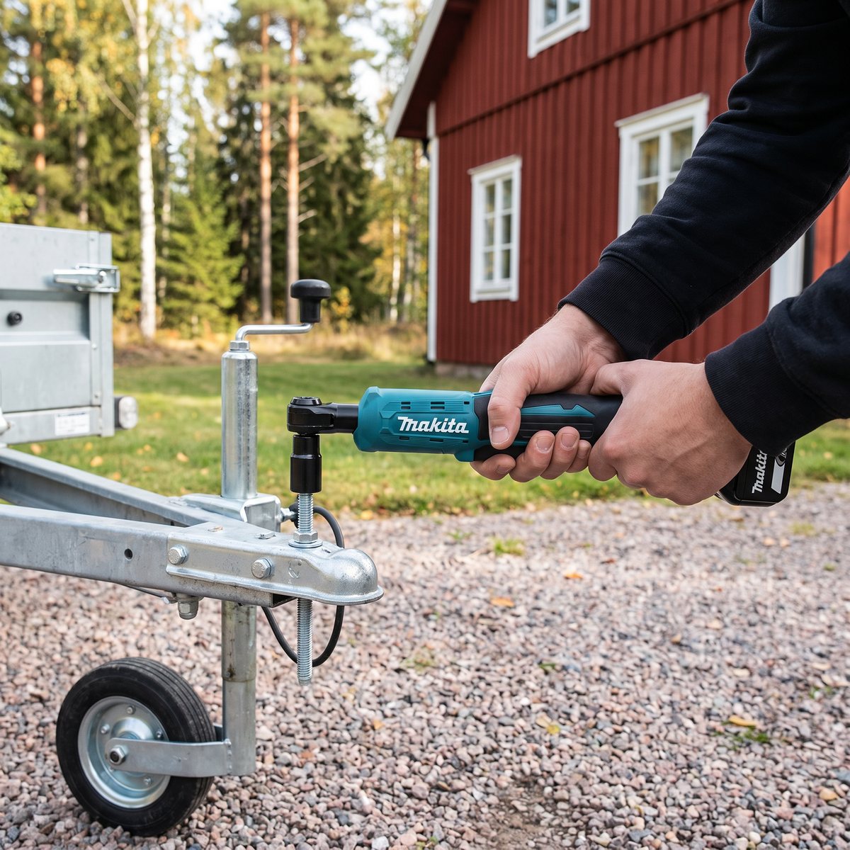 Makita DWR180Z på stödbensskruven vid dragstången på en släpvagn på en grusuppfart