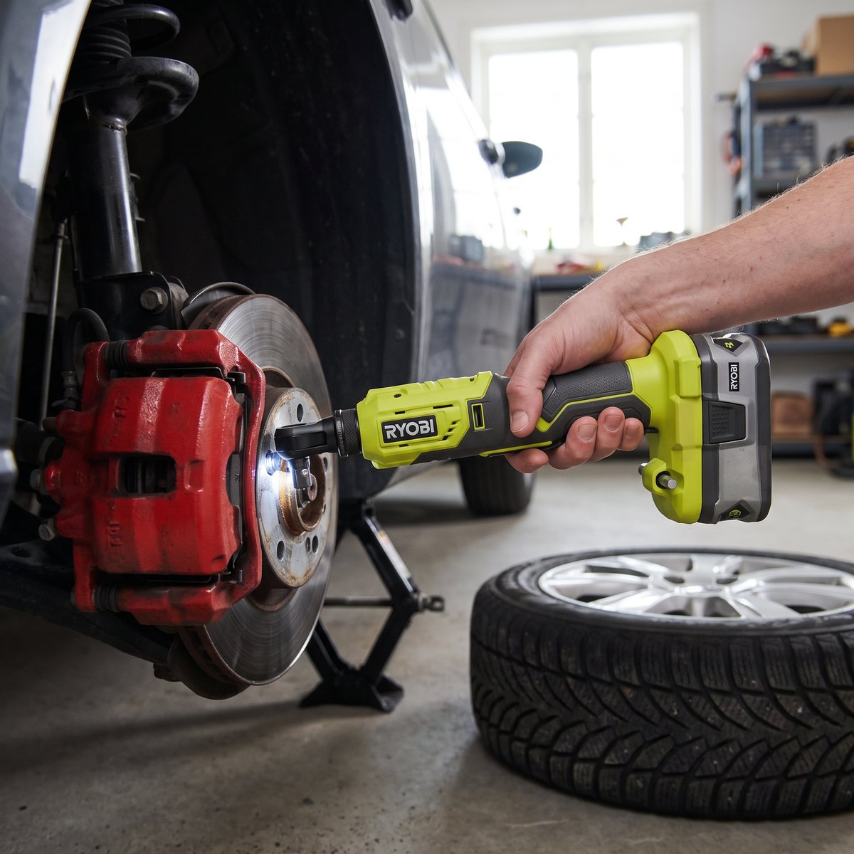 Ryobi R18RW3 med ONE+-batteri i hjulhuset på en bil med hjulet avtaget i ett svenskt garage