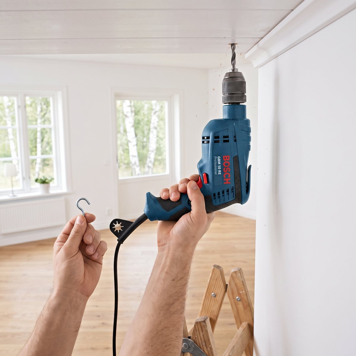 Bosch GBM 10 RE som borrar ett hål i taket nära väggen i ett ljust svenskt vardagsrum med trägolv