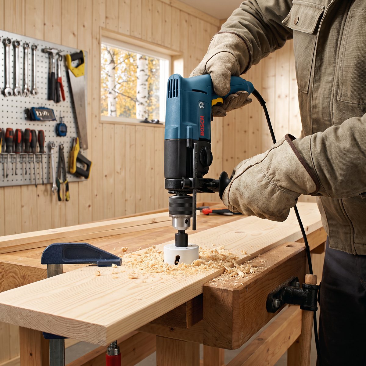 Bosch GBM 13-2 RE med hålsåg som borrar genom en furubräda på en hyvelbänk i en svensk garageverkstad med ljusa träväggar