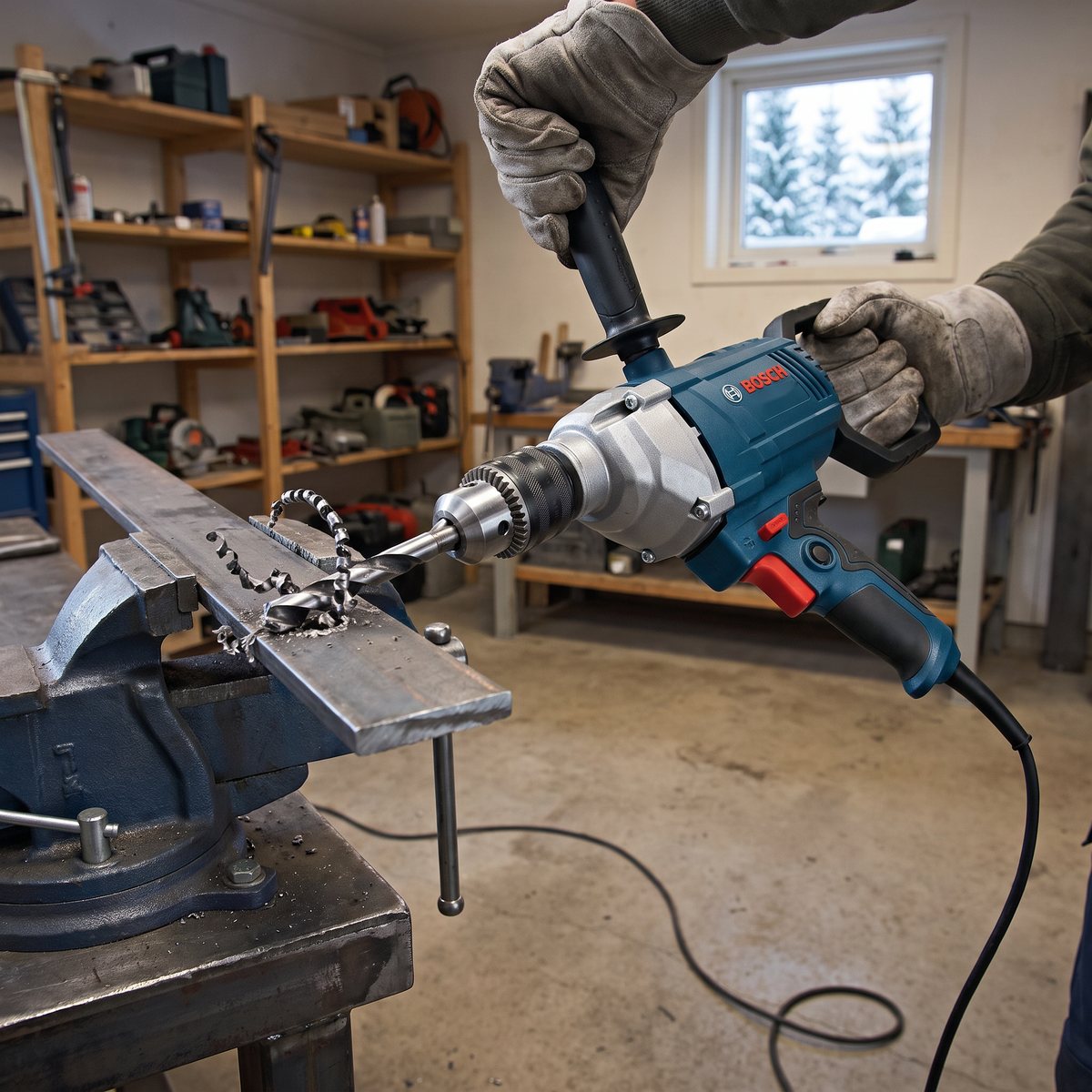 Bosch GBM 1600 RE som borrar ett grovt hål i ett plattstål fastspänt i ett skruvstycke i en svensk hemmaverkstad en vinterdag