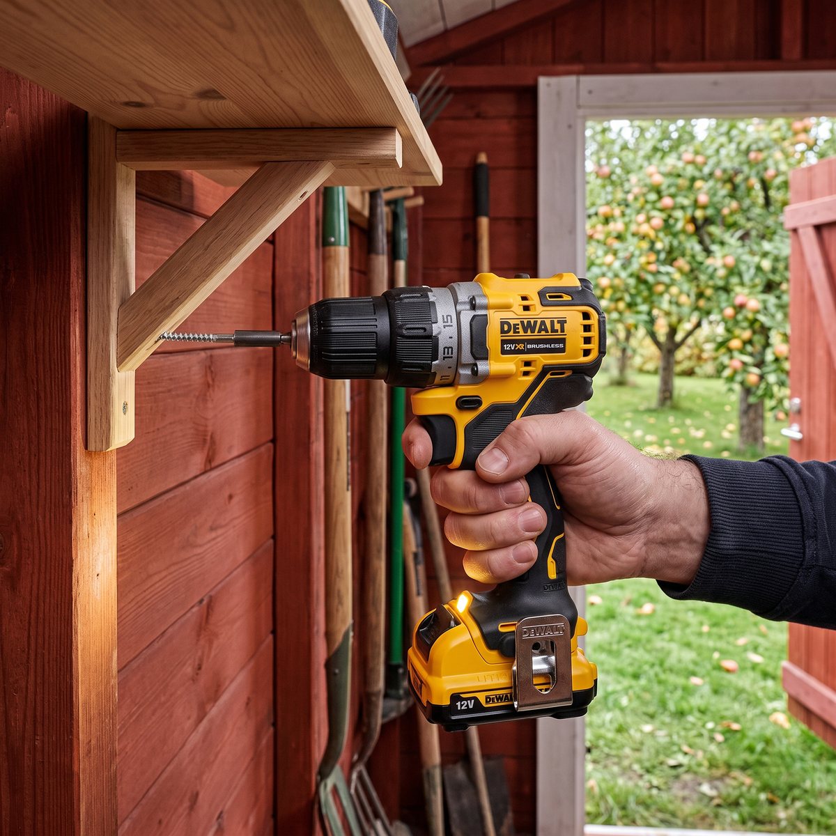 DeWalt DCD701D2 som drar en skruv i en hyllkonsol i ett rödmålat svenskt förråd med äppelträd utanför dörren