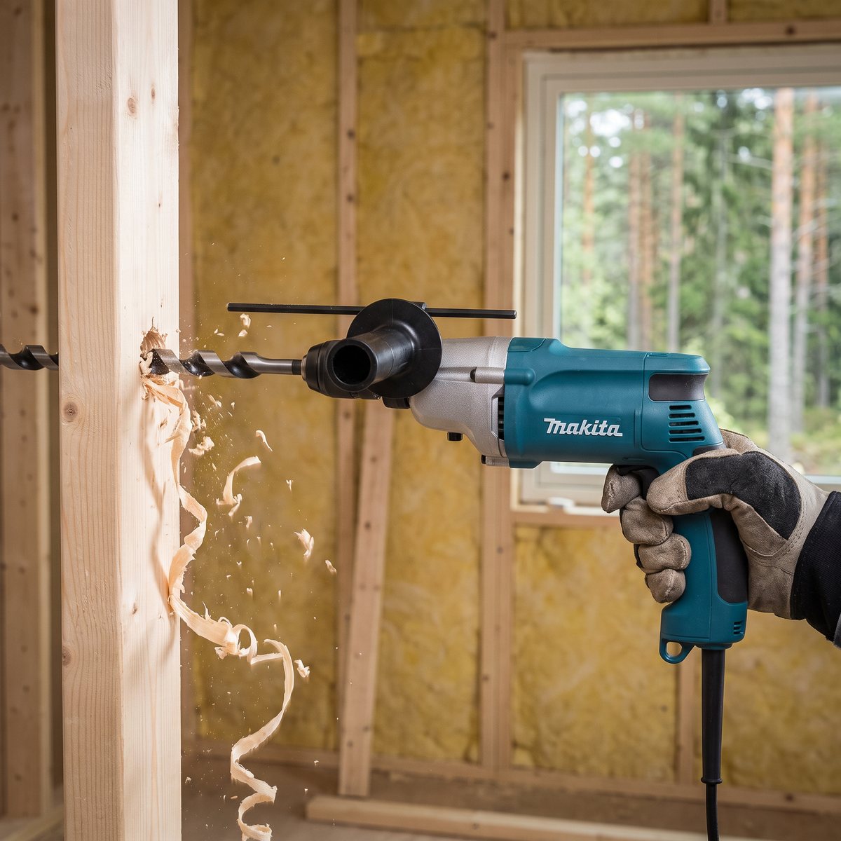 Makita DP4011 med långt träborr som borrar en genomföring i en regel i en öppen stomme vid en svensk renovering