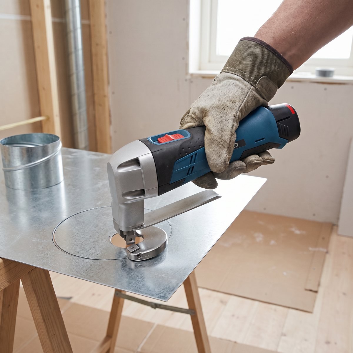 Bosch GSC 12V-13 klipper ett runt hål för ventilationsrör i galvaniserad plåt under ett badrumsbygge
