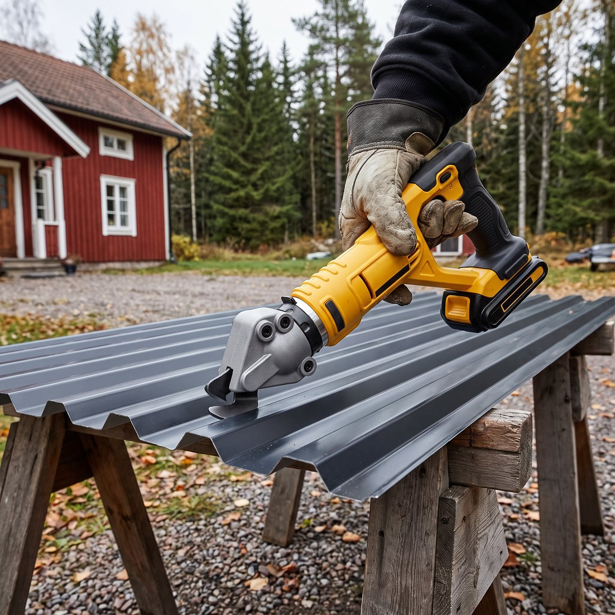 Dewalt DCS496 klipper tvärs över profilerad takplåt på bockar framför ett rött trähus