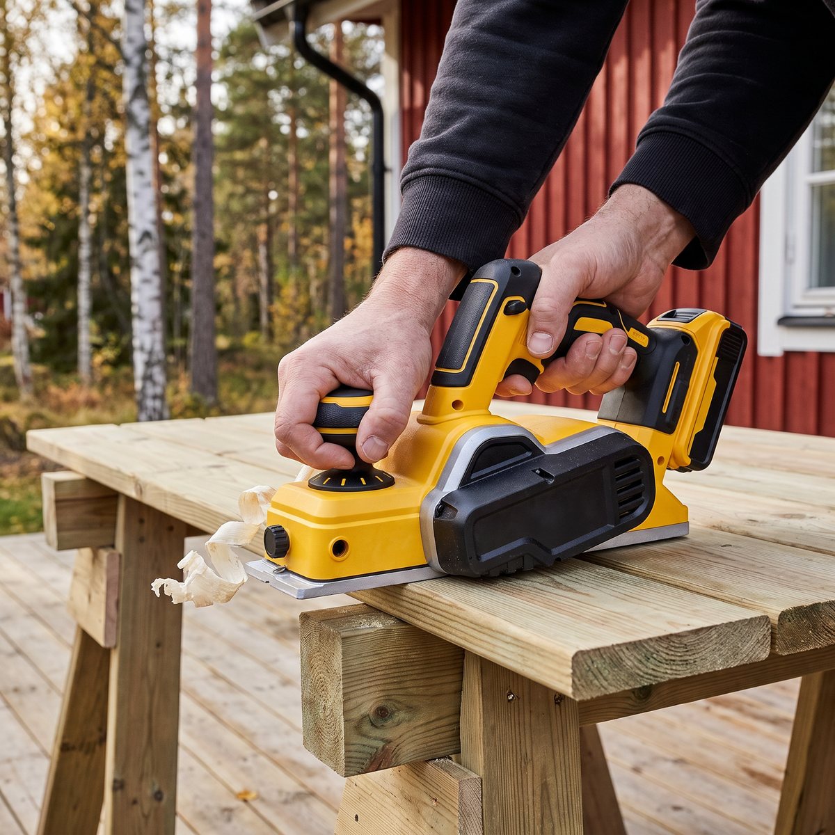 DeWalt DCP580N med 18 V-batteri hyvlar en tryckimpregnerad altanbräda på bockar utanför ett rött trähus bland björk och tall