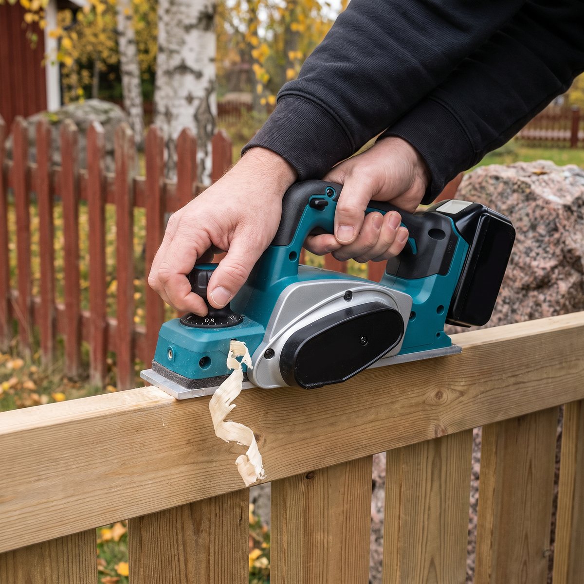 Makita DKP180Z med 18 V-batteri hyvlar överkanten på en trägrind i en svensk trädgård med falurött staket, granitsten och björkar