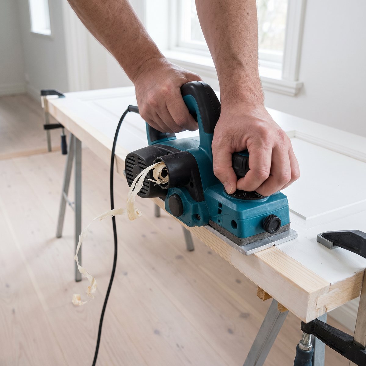 Makita KP0800J hyvlar kanten på en vitmålad innerdörr som ligger på bockar i en ljus svensk hall med trägolv