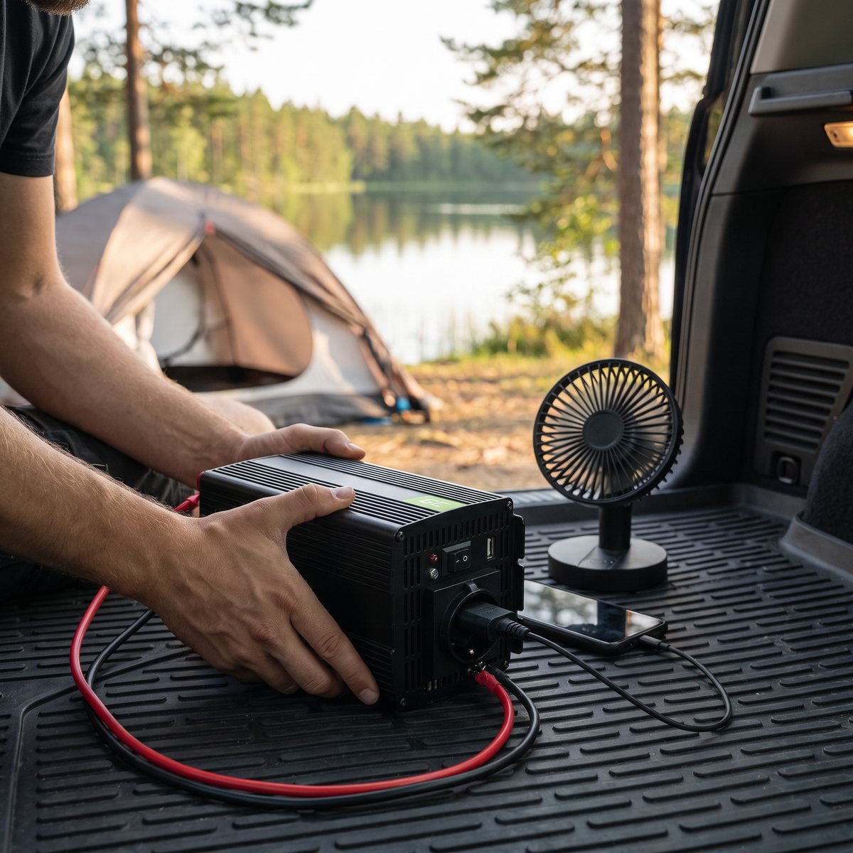 Green Cell INV16 med röda och svarta batterikablar i bagageutrymmet vid en tältplats vid en svensk sjö, med en fläkt och mobil inkopplade